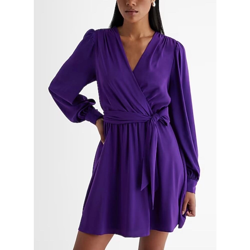 V-neck long sleeve tie waist mini dress NWT